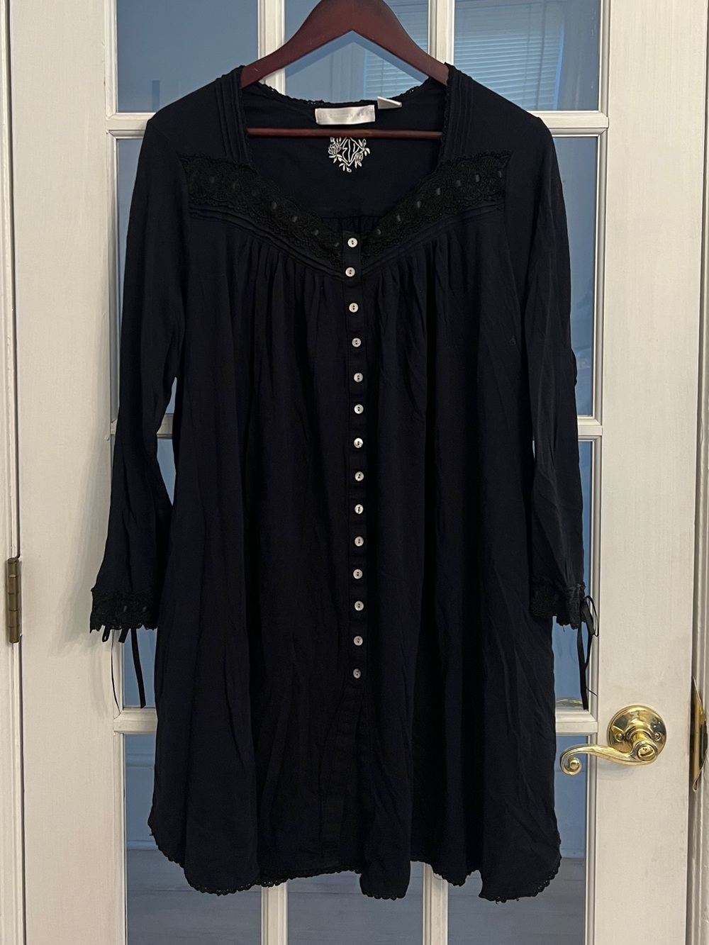 EILEEN WEST Women’s Black Cotton Lace Long Sleeve Button Nightgown Gown XL